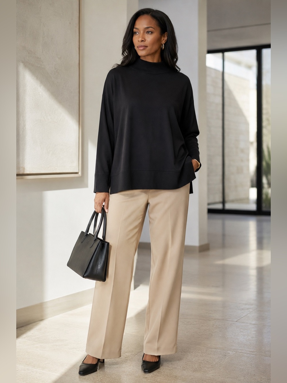 Eileen Fisher XS Black Pima Cotton Stretch Jersey Mock Neck Boxy Top NWOT